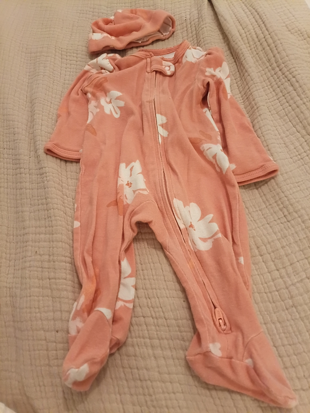 Carter's Peach Floral Footed One-Piece with Hat